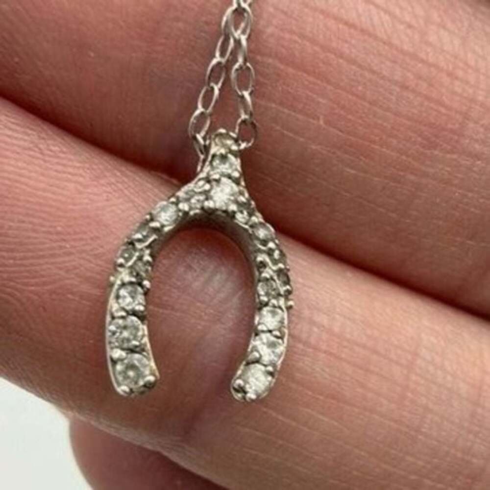 Sterling Silver 925 Wishbone Pendant Necklace Pave‎ Crystal Lucky Charm
